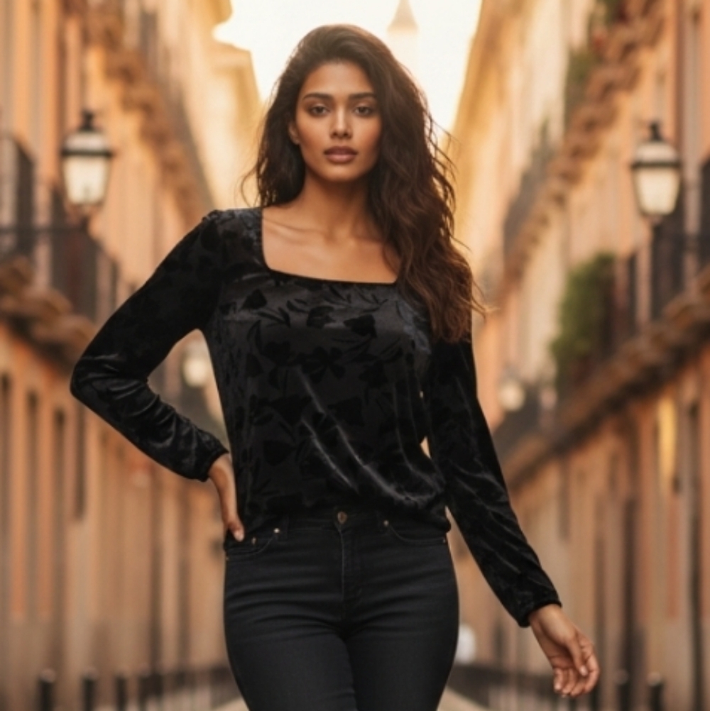 Calvin Klein Burnout Velvet Long Sleeve Square Neck Top Black Size Large NEW